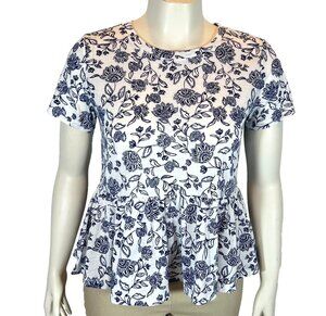 Bobeau Babydoll Peplum Womens L White Blue Floral Ruffle Hem Round Neck